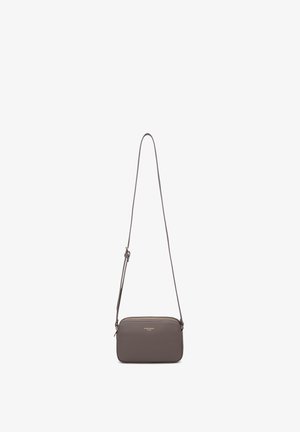 Gray leather crossbody bag with a sleek rectangular shape, adjustable strap, gold-tone hardware, and zippered top. Minimalist design.
