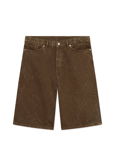 Brown denim shorts with a textured finish, five pockets, belt loops, and a button fly. Features subtle faded accents and a wide leg design.