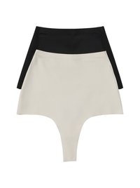 Shorts sculptants taille haute noirs et beiges en tissu lisse et extensible ; présentant un design sans couture et une coupe thong.