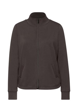 Tmavě šedá bunda na zip s vysokým límcem, dlouhými rukávy a dvěma předními kapsami. Měkká tkanina s hladkou strukturou.