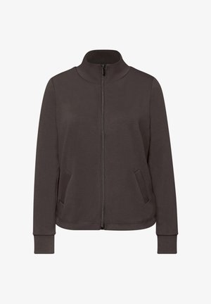 Ciemnoszara kurtka na zamek z wysokim kołnierzem, długimi rękawami i dwiema przednimi kieszeniami. Miękki materiał o gładkiej fakturze.