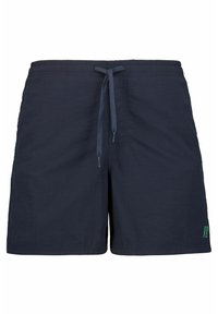 Námornícke modré plavky vyrobené z ľahkej tkaniny, s elastickým pásom na šnúrku a zeleným logom na spodnej pravej nohe.