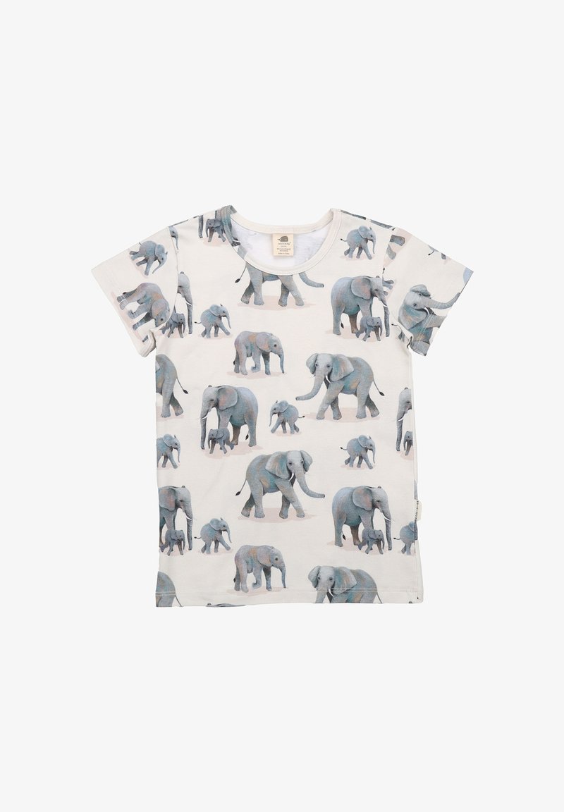 Short-sleeve white T-shirt made of soft cotton, featuring a repeated pattern of blue-gray elephants in various poses.