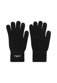 Fekete kötött kesztyű, bordázott textúrával, ötujjas kialakítással, és egy szőtt címkével a mandzsettán a márkázás érdekében. Egységes sötét szín az egész felületen.