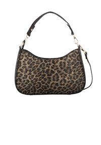 Petit sac à main avec un imprimé léopard noir et marron, courte bandoulière noire et bandoulière longue noire amovible avec des fermoirs dorés.