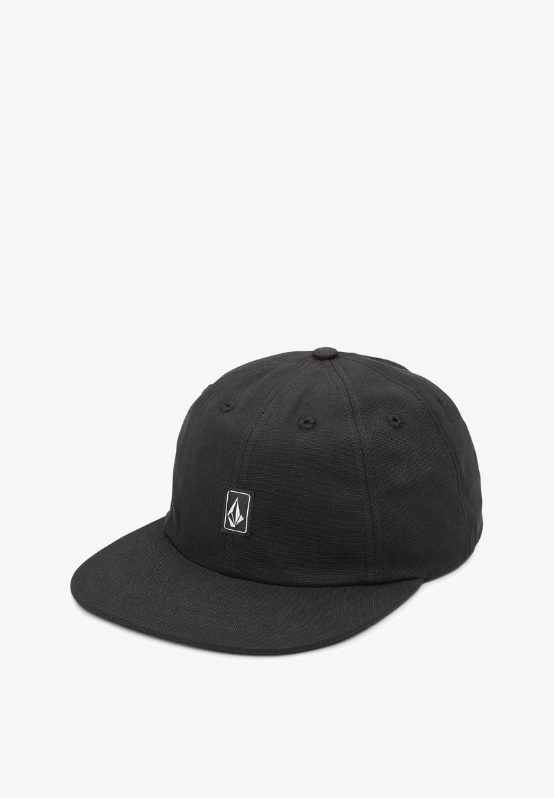 Black cap with a flat brim, made of durable fabric. Features a small logo patch and ventilation eyelets along the crown.