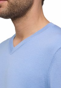 Maglione azzurro chiaro a scollo a V con una texture liscia e un colletto a coste, caratterizzato da dettagli di cucitura discreti lungo i bordi.