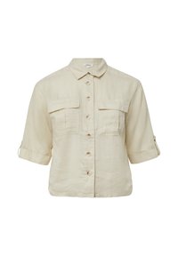 Beige linnen shirt met een kraaghals, korte mouwen, twee borstzakken en een knoopsluiting aan de voorkant. Zachte textuur en een ontspannen pasvorm.