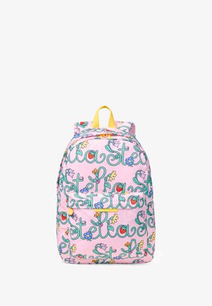 Zaino rosa con motivo floreale colorato e fragole, manico giallo, tasca frontale con zip e spallacci imbottiti.