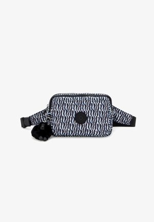 Borsa in nylon con motivo nero e blu, chiusura con zip, tracolla regolabile e un portachiavi con pom-pom. Presenta una toppa con logo.
