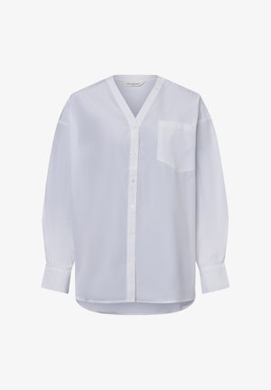 Weißes langärmeliges Hemd, glattes Material, V-Ausschnitt, Knopfleiste vorne, eine Brusttasche, lockere Passform, abgerundeter Saum.