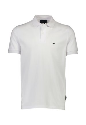 Polo blanca de algodón; cuenta con mangas cortas, un cuello con tres botones y un pequeño logo negro en el lado izquierdo del pecho.