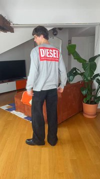Άνδρας που στέκεται σε εσωτερικό χώρο, φορώντας γκρι μακρυμάνικο πουκάμισο με κόκκινο λογότυπο DIESEL στην πλάτη, μαύρο παντελόνι, κοντά σε πορτοκαλί καναπέ και μεγάλο γλαστρικό φυτό.