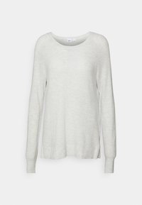 Hellgrauer langärmeliger Pullover mit Rundhalsausschnitt, gerippten Bündchen, seitlichen Schlitzen und einem strukturierten Strickstoff. Aus weichem Material gefertigt.