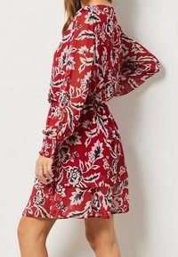 Vestido floral rojo con mangas largas y transparentes, y cintura ceñida. Presenta una tela ligeramente transparente y patrones florales oscuros contrastantes.