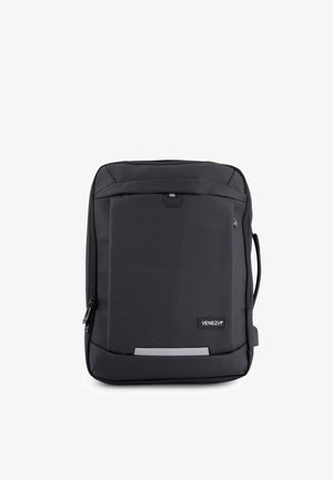 Zwarte rechthoekige rugzak met een voorvak met ritssluiting, zijhandvat en een "Venezia" logo op de rechterbenedenhoek.