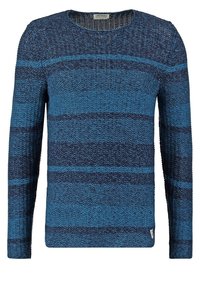 Niebieski sweter z dzianiny z długimi rękawami, ozdobiony poziomymi paskami w różnych odcieniach niebieskiego i okrągłym dekoltem. Teksturowana tkanina.