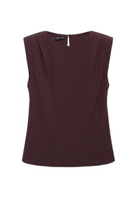 Bezrukávový tmavě burgundský top s poduškami na ramenou, kulatým výstřihem a malým zapínáním na knoflík na zádech.