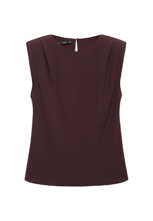 Sleeveless dark burgundy blouse with padded shoulders, round neckline, and a small back button closure.