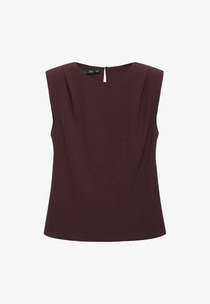 Ærmeløs mørk burgunder bluse med polstrede skuldre, rund halsudskæring og en lille knaplukning bagpå.