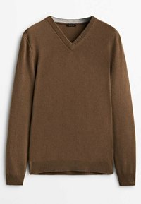 Pull marron à manches longues avec col en V, poignets et ourlet côtelés, posé à plat sur un fond blanc.