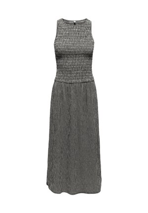 Robe à carreaux noir et blanc avec un corsage ajusté, de larges bretelles et une jupe évasée. Tissu lisse avec une texture minimale.