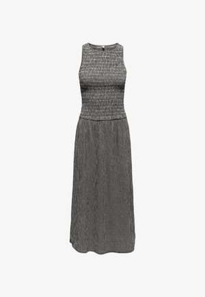 Robe à carreaux noir et blanc avec un corsage ajusté, de larges bretelles et une jupe évasée. Tissu lisse avec une texture minimale.