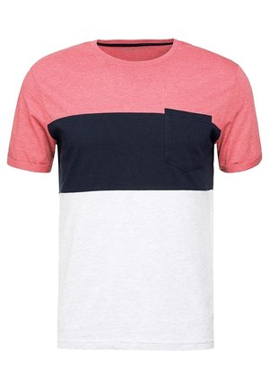 Kurzärmeliges T-Shirt mit Rundhalsausschnitt und horizontalen Farbblöcken in Koralle, Marineblau und Weiß, mit einer kleinen marineblauen Brusttasche.