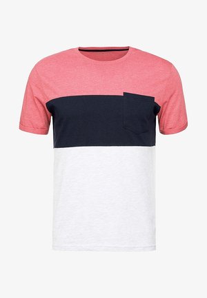 Kurzärmeliges T-Shirt mit Rundhalsausschnitt und horizontalen Farbblöcken in Koralle, Marineblau und Weiß, mit einer kleinen marineblauen Brusttasche.