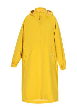 Imperméable jaune à capuche en matériau léger et résistant à l'eau. Doté de poignets élastiques, de poches avant et d'une fermeture éclair sur toute la longueur.