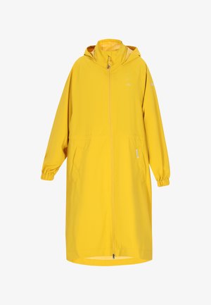 Imperméable jaune à capuche en matériau léger et résistant à l'eau. Doté de poignets élastiques, de poches avant et d'une fermeture éclair sur toute la longueur.