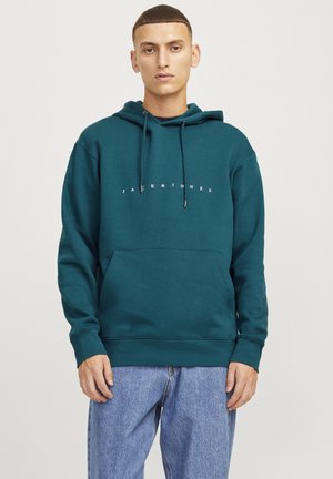 Teal hoodie with a front pocket, drawstring hood, and white "JACK&JONES" logo across the chest. Features ribbed cuffs and hem.