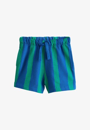 Kék és zöld függőleges csíkos kötött rövidnadrág elasztikus derékpánttal és húzózsinórral, oldalzsebekkel.