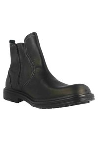 Schwarze Leder-Stiefelette mit seitlichem Reißverschluss, runder Zehenpartie, strukturiertem Obermaterial, kontrastierenden Nähten und einer robusten Gummisohle mit niedrigem Absatz.