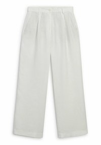 Pantalon à jambes larges de couleur crème en tissu doux avec plis à l'avant, poches latérales et taille avec un seul bouton.