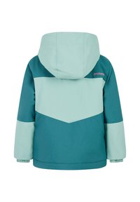 Jakna za skijanje u tirkiznoj i svijetlozelenoj boji s kapuljačom, koja sadrži dizajn u obliku chevrona, elastične manžete i logotip na gornjem dijelu leđa.