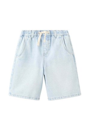 Short en jean bleu clair avec taille élastique et cordon blanc, avec poches avant et coupe décontractée.