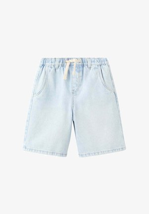 Jasnoniebieskie szorty jeansowe z elastycznym pasem i białym sznurkiem, z przednimi kieszeniami i luźnym krojem.