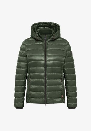 Grüne gepolsterte Jacke mit Reißverschluss, Kapuze und verstellbaren Kordeln; zeichnet sich durch eine glatte, glänzende Textur und ein ausgeprägtes gestepptes Muster aus.