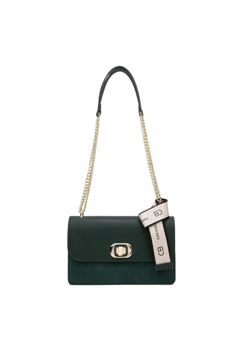 Borsa a tracolla in pelle verde con chiusura a pattina, hardware dorato e tracolla a catena. Presenta un corpo testurizzato e un accento in tessuto marchiato.
