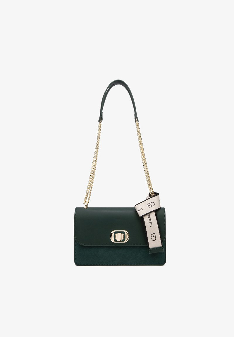 Borsa a tracolla in pelle verde con chiusura a pattina, hardware dorato e tracolla a catena. Presenta un corpo testurizzato e un accento in tessuto marchiato.