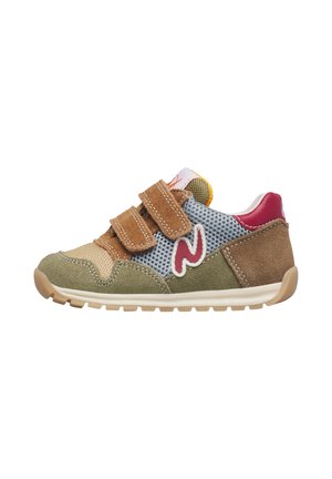 Child's sporty sneaker in green, brown, blue mesh, and red accents with two brown velcro straps and a white sole.