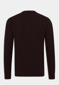 Dunkelbrauner Pullover mit langen Ärmeln, rundem Halsausschnitt und geripptem Saum. Glatte Textur, mit einem schlichten und klassischen Design.