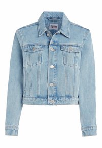 Světlemodrá denimová bunda s cropped střihem, zapínáním na knoflíky, dvěma náprsními kapsami a klasickým límcem. Obsahuje kovové prvky v odstínu stříbra a vybledlou texturu.