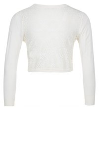 Bílý zkrácený svetr s dlouhými rukávy, texturovanou krajkovou zadní částí a hladkým pleteným předním dílem. Jednoduchý výstřih a přiléhavý střih.