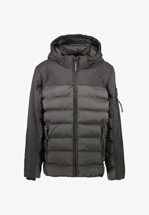 Schwarze gepolsterte Jacke mit Kapuze, kontrastierendem glattem Stoff oben und gestepptem unteren Teil, mit Reißverschlusstaschen und verstellbaren Bündchen.