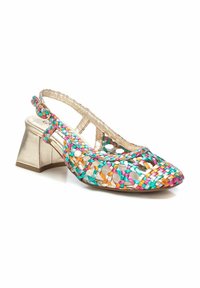 Zapato slingback de tela tejida con acentos multicolores en turquesa, rosa y naranja. Tacón de bloque metálico resistente. Diseño de punta abierta.