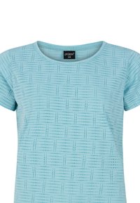 Šviesiai mėlyna trumpomis rankovėmis marškinėliai su tekstūruotu mažų kvadratų ir taškų raštu. Apvalus kaklas ir minkšta medžiaga, su etikete viduje.