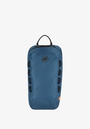 Blauer rechteckiger Rucksack mit mehreren schwarzen Seitengriffen, Tragegriff oben und Mammut-Logo in der Mitte vorne.