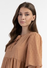 Rustfarvet bluse med tekstureret stof med hævede prikker, en sløjfe lukning ved halsudskæringen og løse, korte ærmer.
